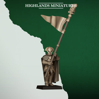 Feral Axemen Bannerman, wood elf standard bearer with the unit banner, Highlands Miniatures render