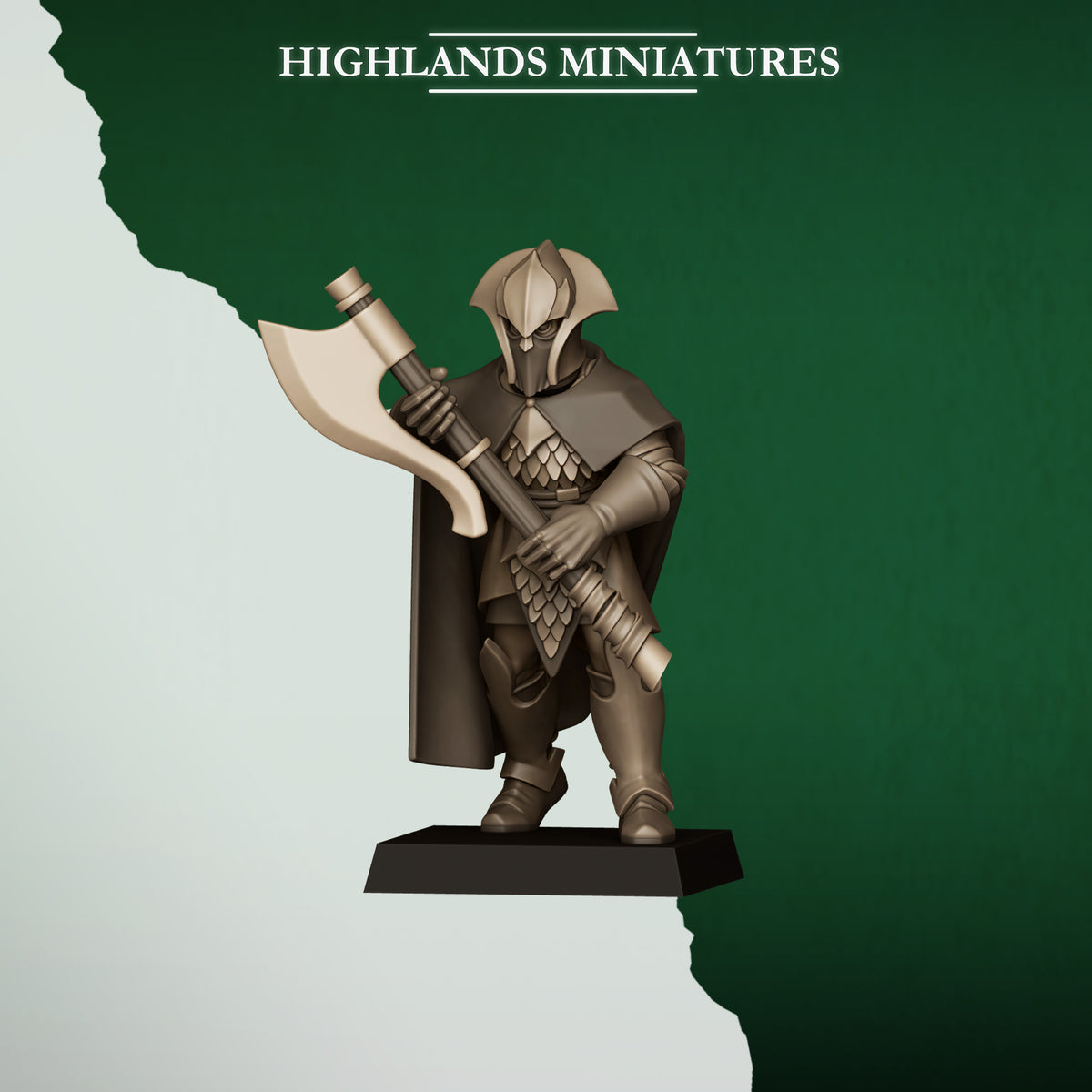 Feral Axemen Model 5, wood elf axeman with a two-handed great axe, Highlands Miniatures render