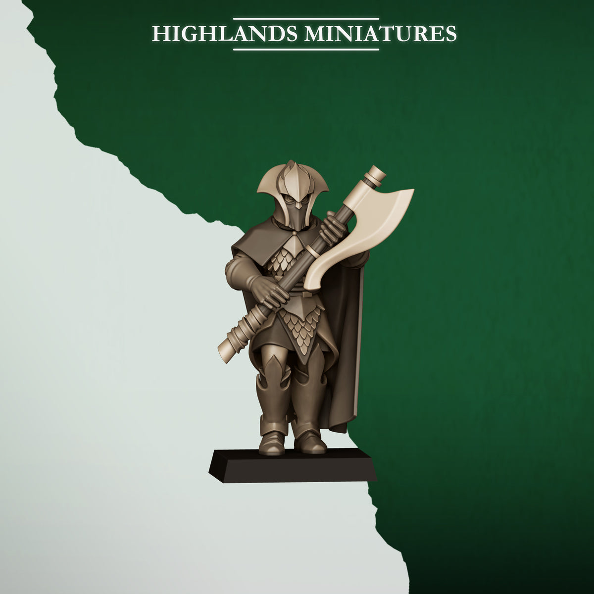 Feral Axemen Model 1, wood elf axeman with a two-handed great axe, Highlands Miniatures render