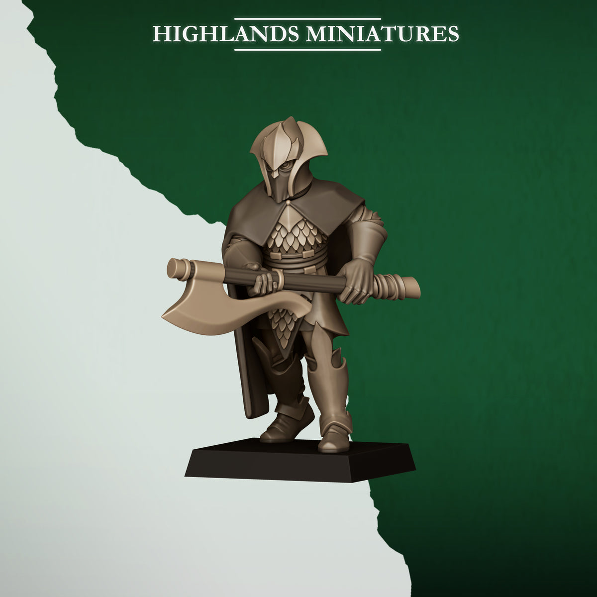 Feral Axemen Model 6, wood elf axeman with a two-handed great axe, Highlands Miniatures render