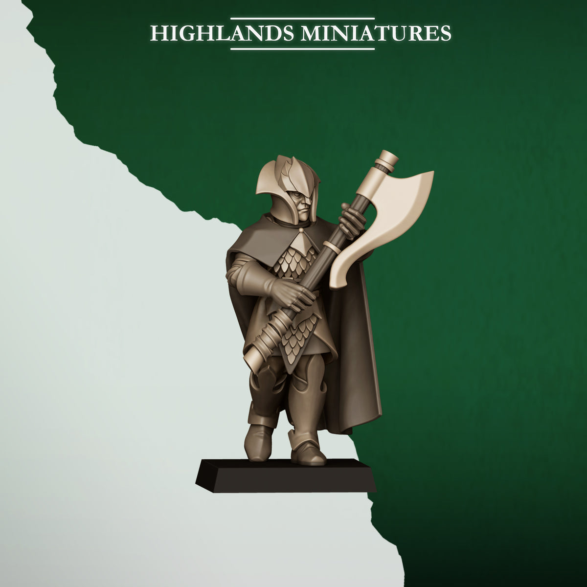 Feral Axemen Model 2, wood elf axeman with a two-handed great axe, Highlands Miniatures render