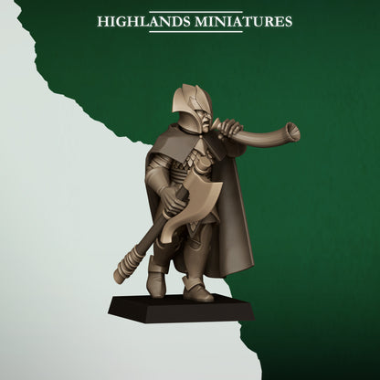 Feral Axemen Musician, wood elf hornblower with an axe, Highlands Miniatures render