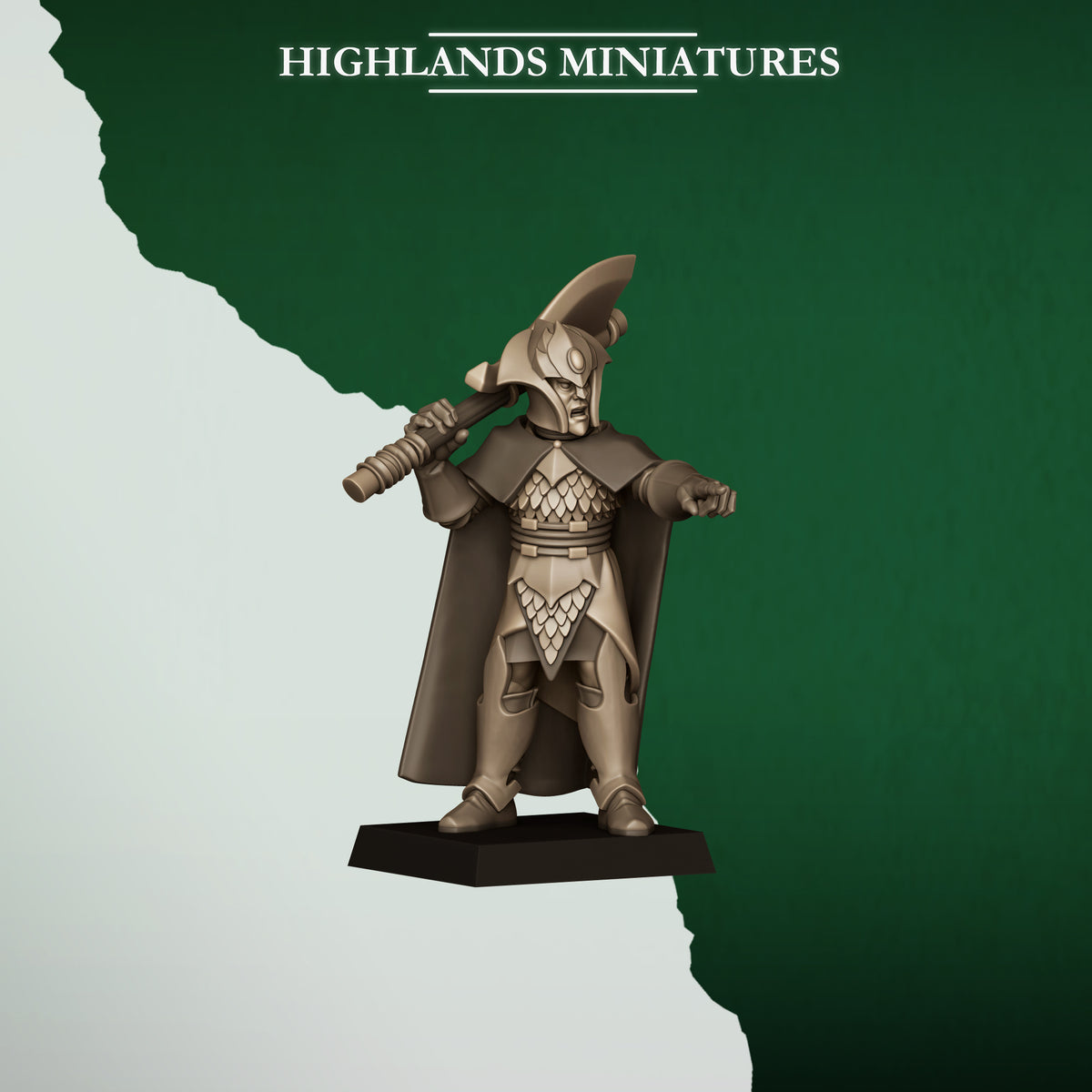 Feral Axemen Captain, wood elf unit leader with a great axe, Highlands Miniatures render