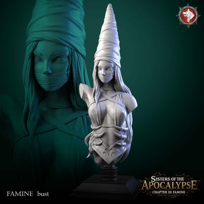 Famine display bust by White Werewolf Tavern: a veiled female figure in a tall wrapped conical hat on a black display plinth, grey resin 3D render.