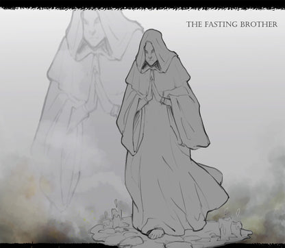 Concept sketch of a Fasting Brother in prayer by White Werewolf Tavern.