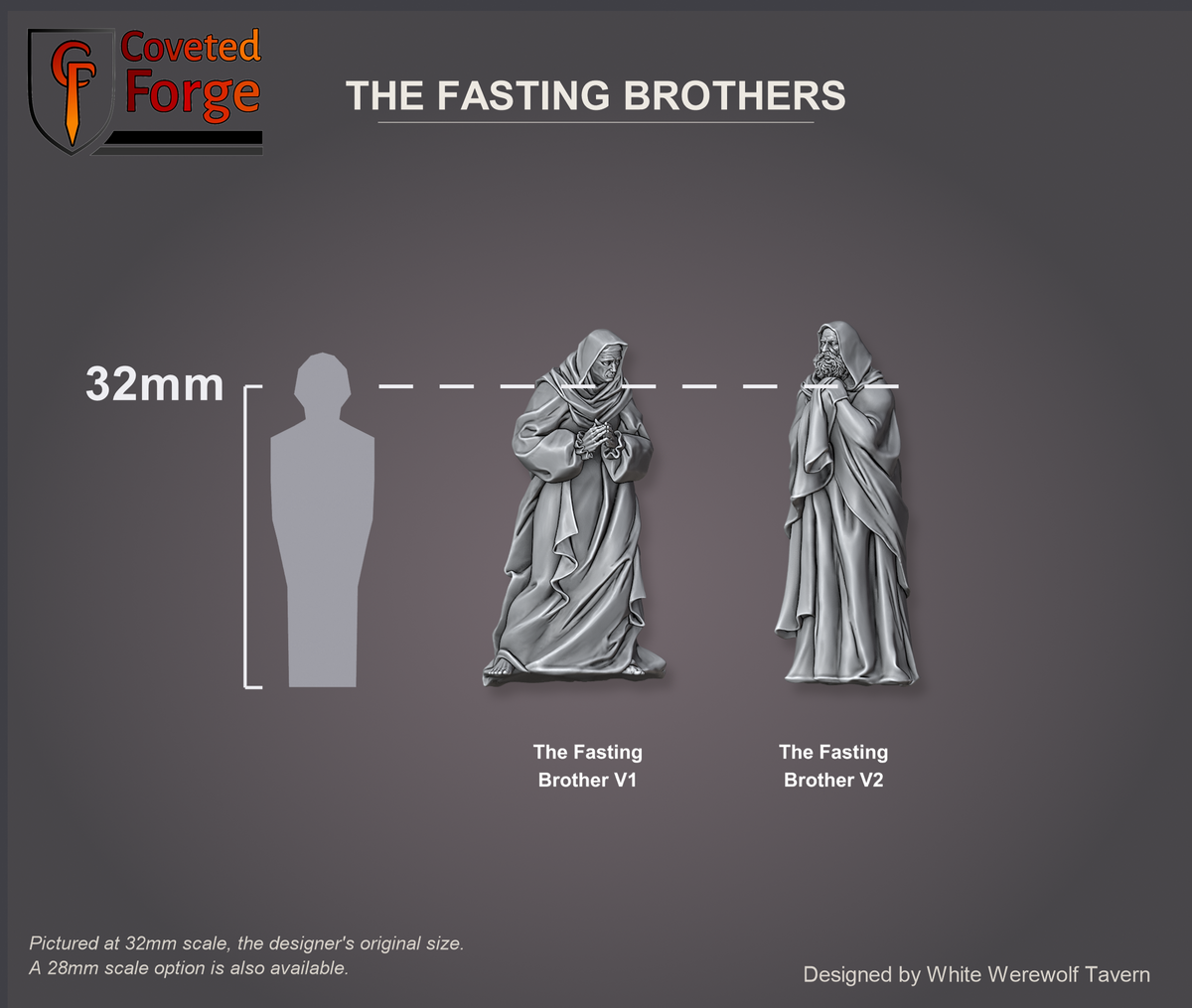 The Fasting Brothers shown at 32mm scale beside a 32mm human silhouette for scale reference; a 28mm option is also available.