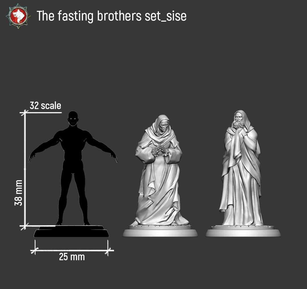 The Fasting Brothers size chart: each monk stands about 38mm at 32mm scale on a 25mm round base.