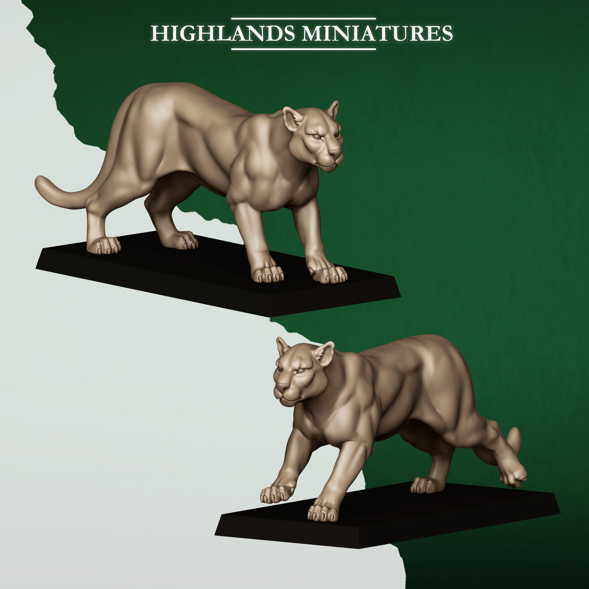 Feral cougars, wood elf great cats, 32mm resin by Highlands Miniatures