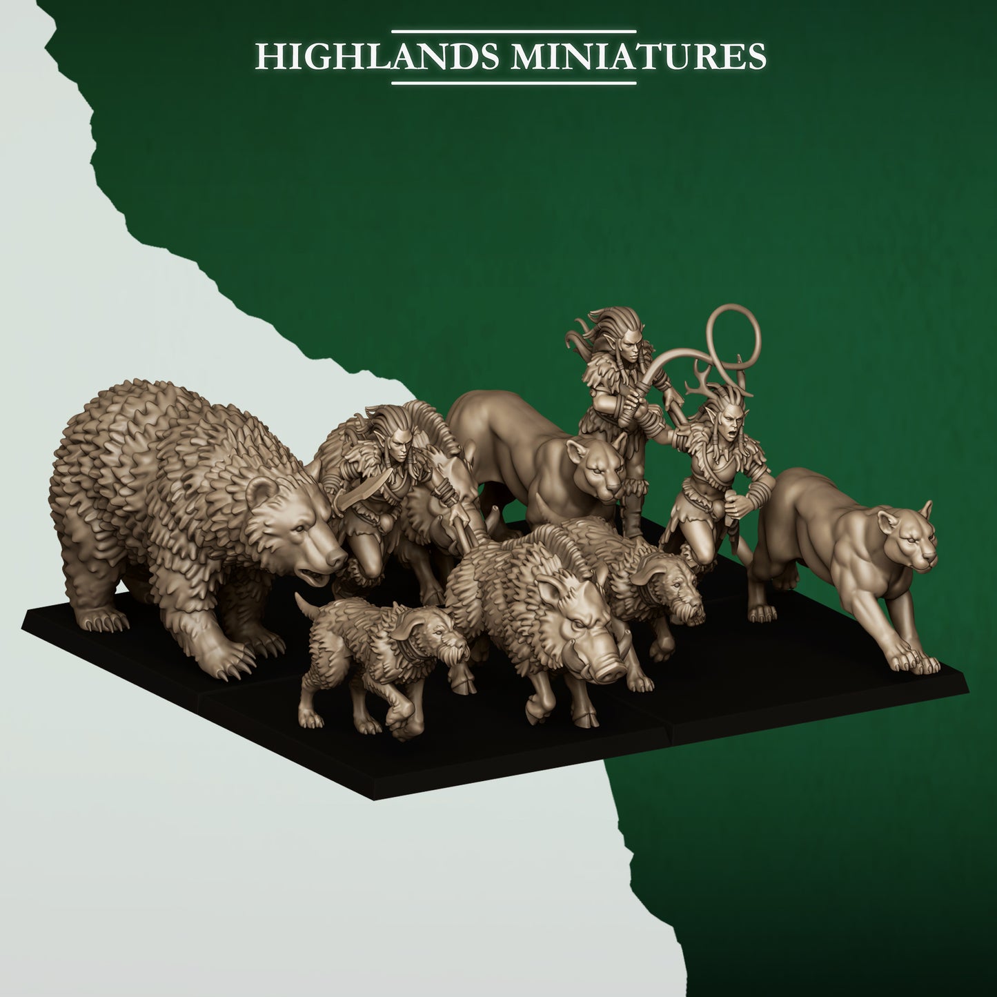 Feral Animals and Beastamers, wood elf war beast pack miniatures, 32mm resin by Highlands Miniatures