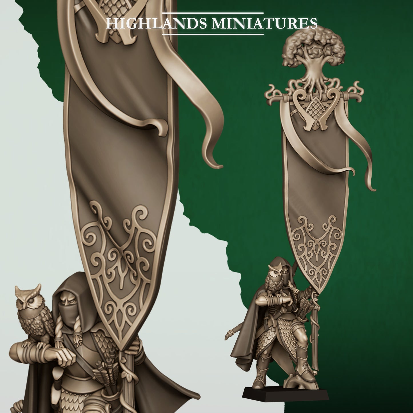 Feral Elf Battle Standard Bearer, wood elf command miniature with owl and banner, 32mm resin by Highlands Miniatures