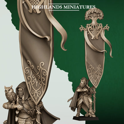 Feral Elf Battle Standard Bearer, wood elf command miniature with owl and banner, 32mm resin by Highlands Miniatures