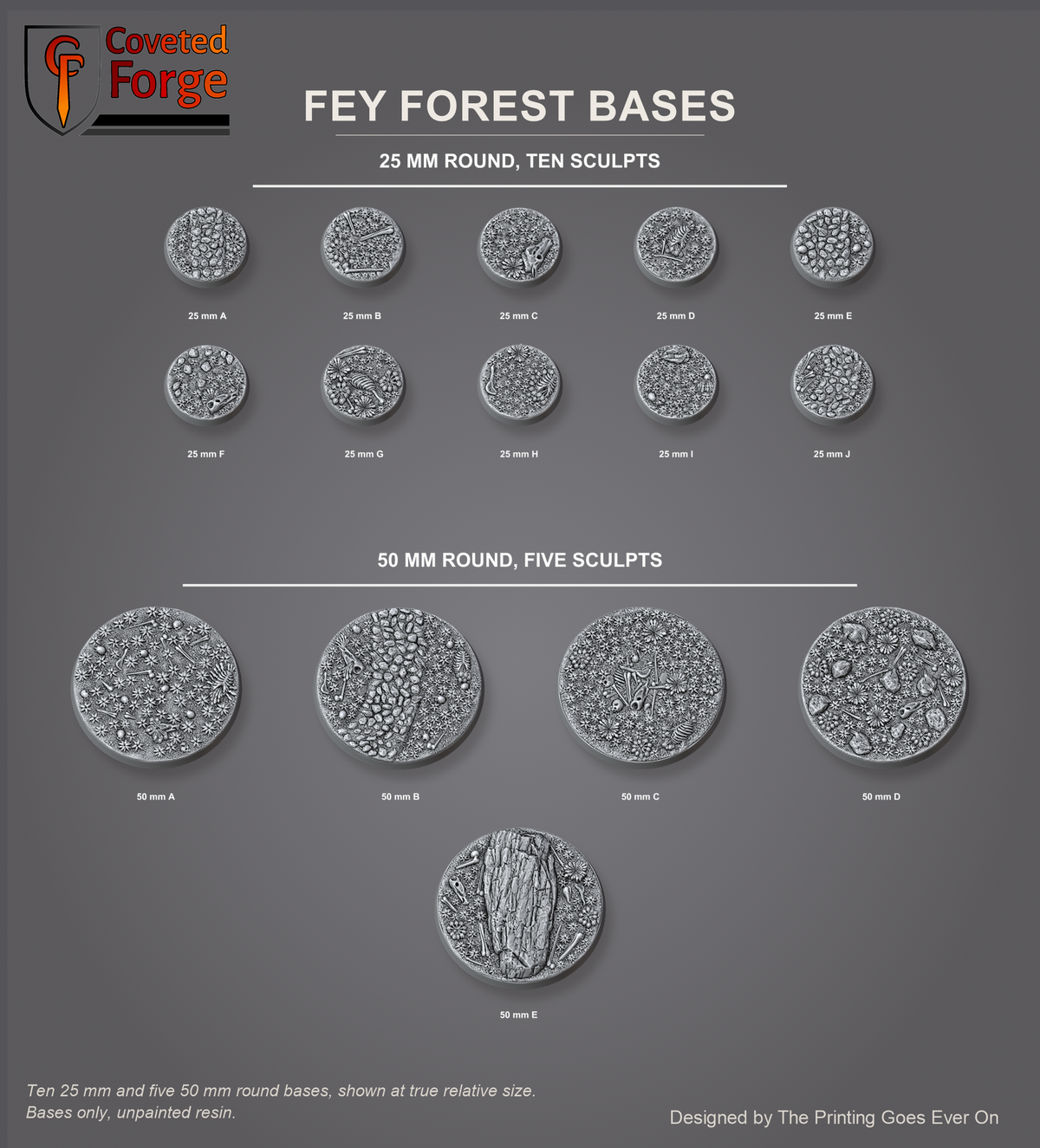 Fey Forest Bases (Round): all fifteen sculpts, ten 25 mm round and five 50 mm round, top view at true relative size; every quantity ships as an assortment of these designs; CF render of the designer's files