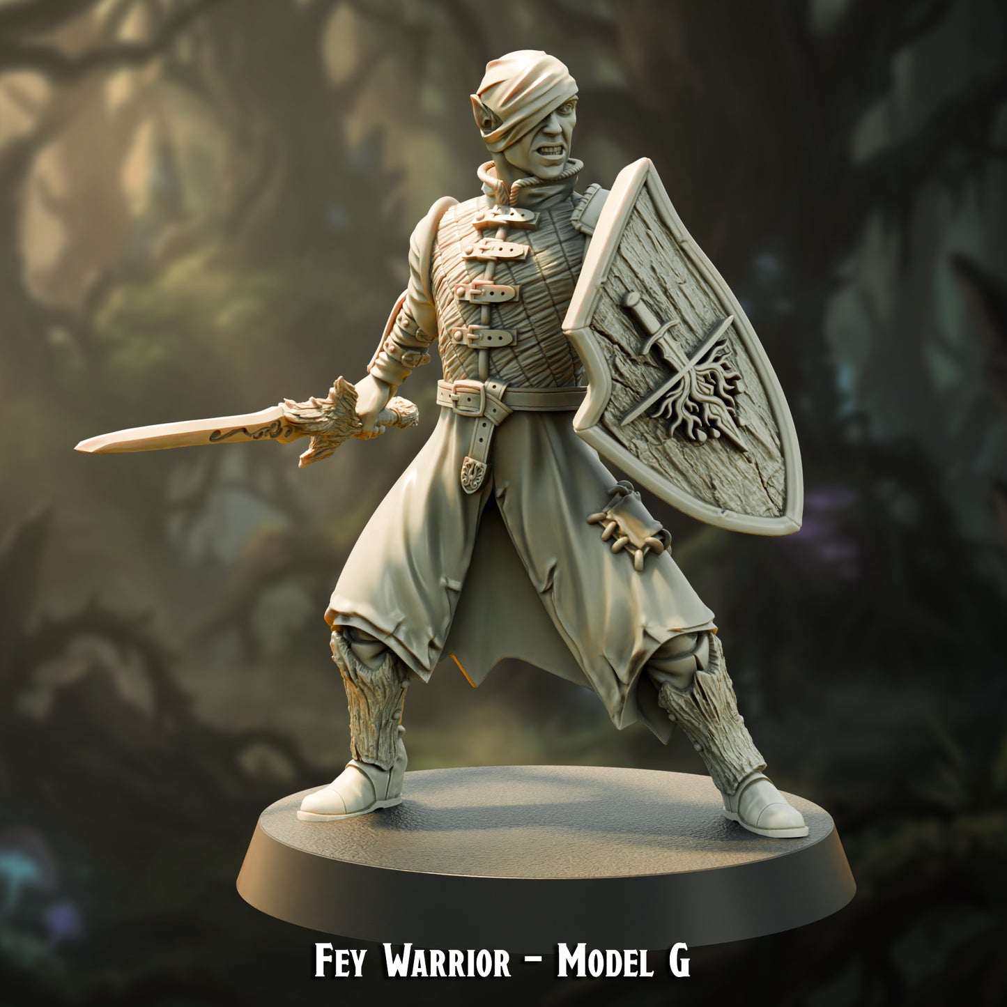Fey Warrior Model G, wood elf swordsman, 30mm resin miniature by The Printing Goes Ever On