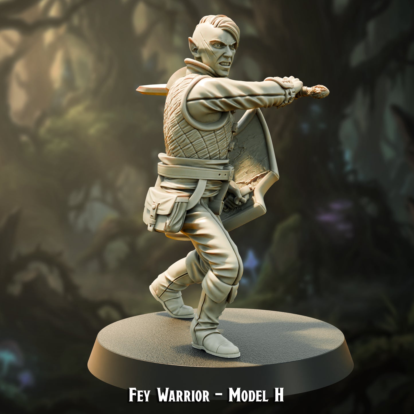 Fey Warrior Model H, wood elf hunter with shield, 30mm resin miniature by The Printing Goes Ever On