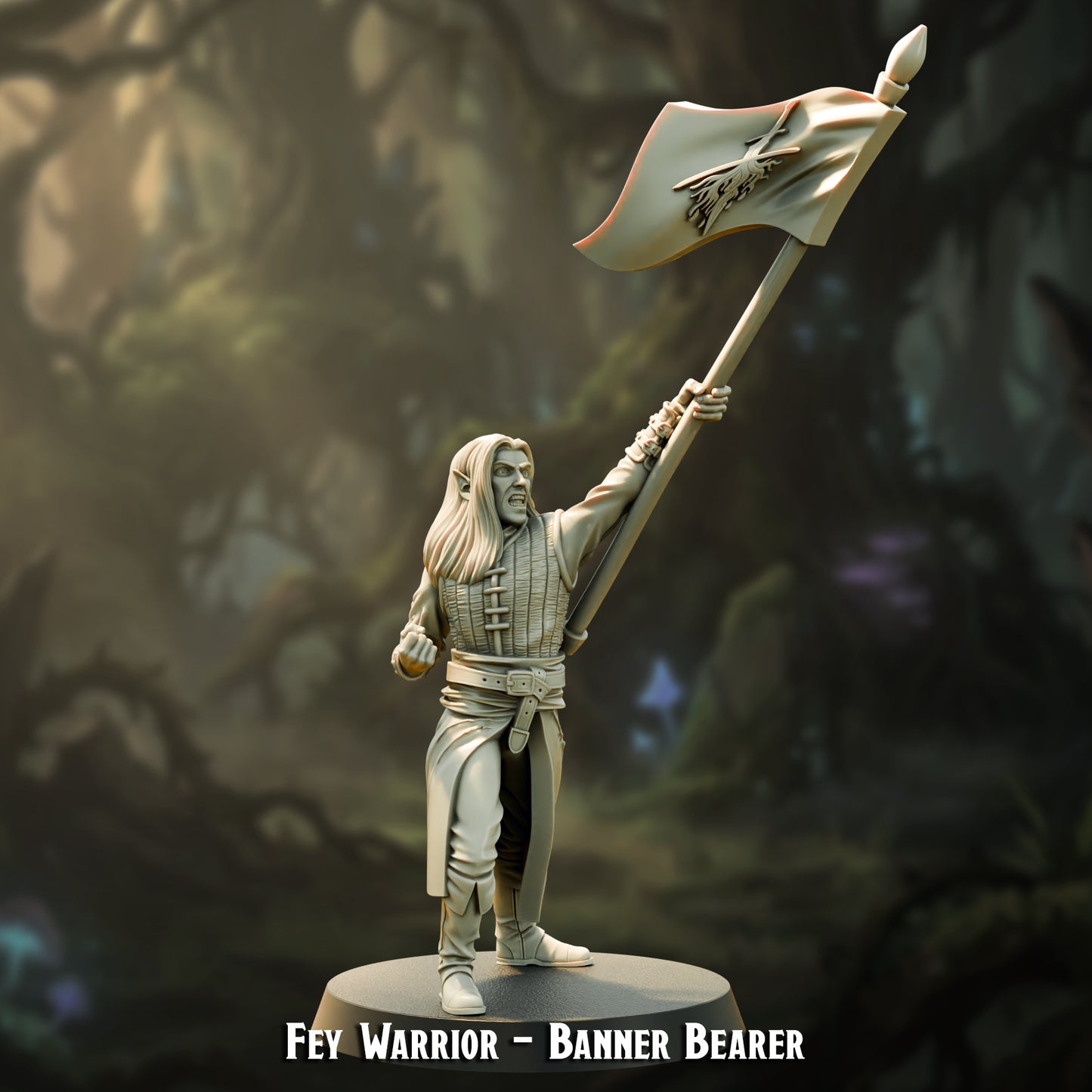 Fey Warrior Banner Bearer, wood elf command standard, 30mm resin miniature by The Printing Goes Ever On