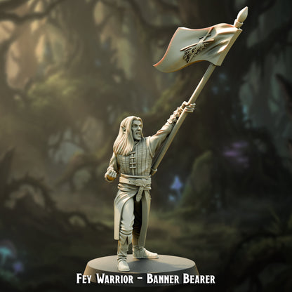 Fey Warrior Banner Bearer, wood elf command standard, 30mm resin miniature by The Printing Goes Ever On