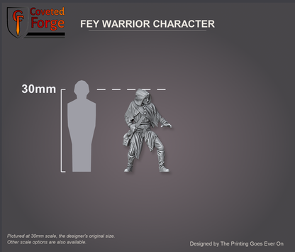 Fey Warrior Character hero beside a 30mm human silhouette, pictured at 30mm original scale, also offered at 28mm and 32mm
