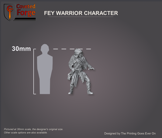 Fey Warrior Character hero beside a 30mm human silhouette, pictured at 30mm original scale, also offered at 28mm and 32mm