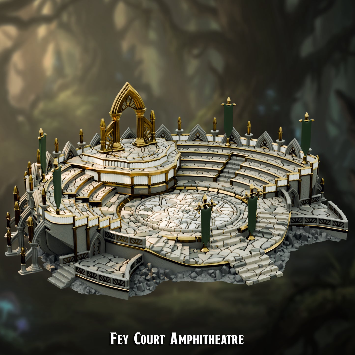 Fey elf amphitheatre terrain, tiered pale-stone and gold court around a central arena with an elven arch and banners, 3D printed at 30mm by The Printing Goes Ever On