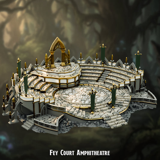 Fey elf amphitheatre terrain, tiered pale-stone and gold court around a central arena with an elven arch and banners, 3D printed at 30mm by The Printing Goes Ever On