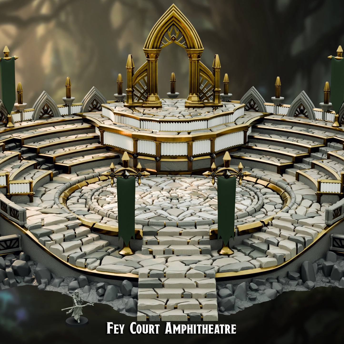 Detail view of the Fey Court Amphitheatre dais, elven ogee arch, spires and fan-traceried railings
