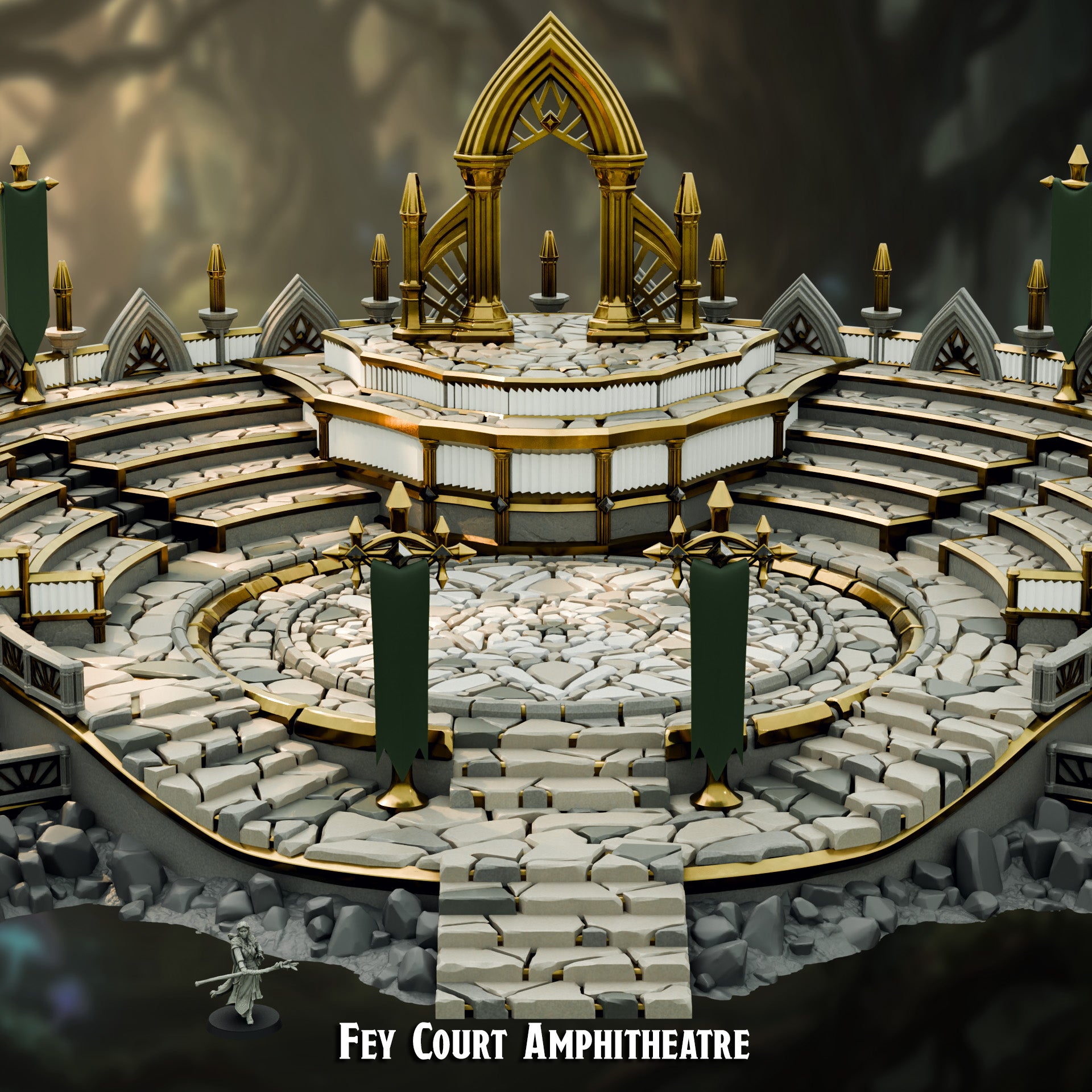 Detail view of the Fey Court Amphitheatre dais, elven ogee arch, spires and fan-traceried railings