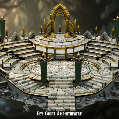 Detail view of the Fey Court Amphitheatre dais, elven ogee arch, spires and fan-traceried railings