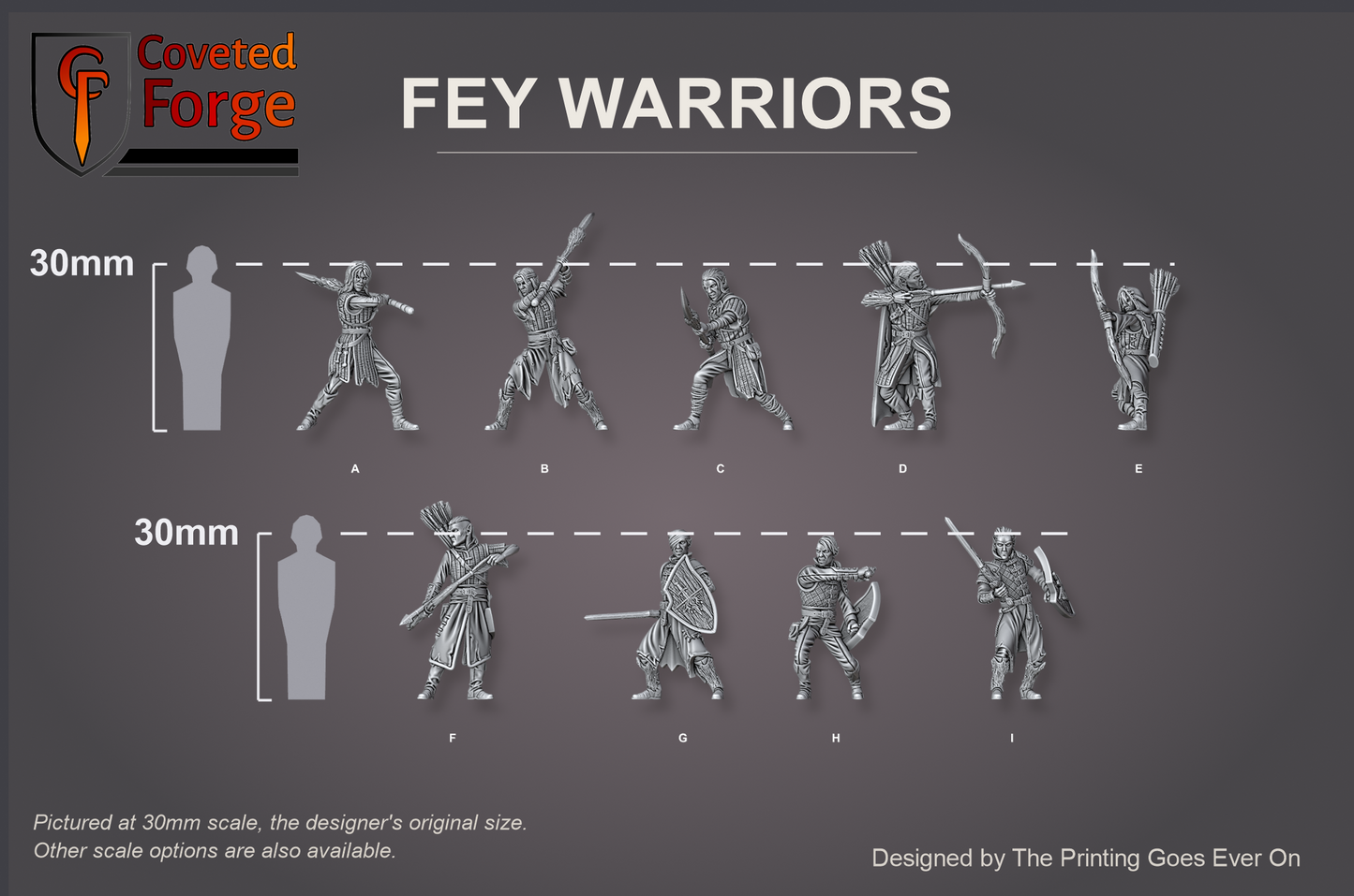 All nine Fey Warrior poses A to I beside a 30mm human silhouette, pictured at 30mm original scale, also offered at 28mm and 32mm