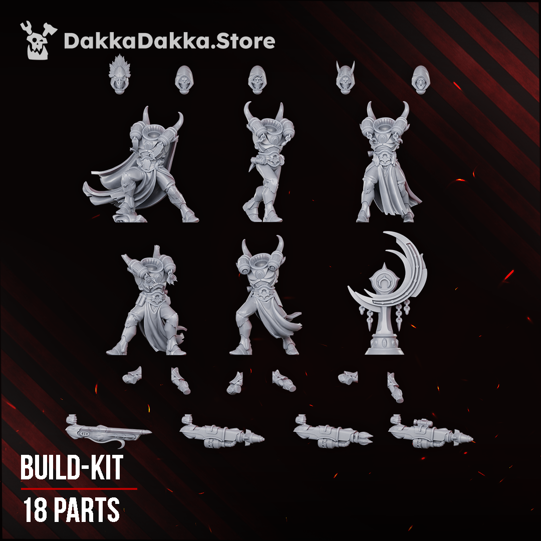 Spacelair Firestorm Guardians build kit, all 18 unique parts laid out: bodies, heads, arms, launchers and totem, Dakka Dakka Store render
