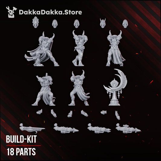 Spacelair Firestorm Guardians build kit, all 18 unique parts laid out: bodies, heads, arms, launchers and totem, Dakka Dakka Store render