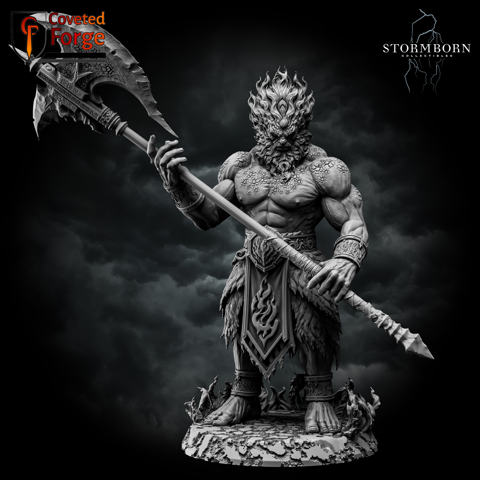 Render of Fire Giant | 63-157mm Fantasy Giant Miniature, DnD Proxy: A flame-maned fire giant with a great-axe, in six print sizes (63-157mm) incl. the original sculpt. 8K resin 3D print, a fire or greater giant proxy for DnD.