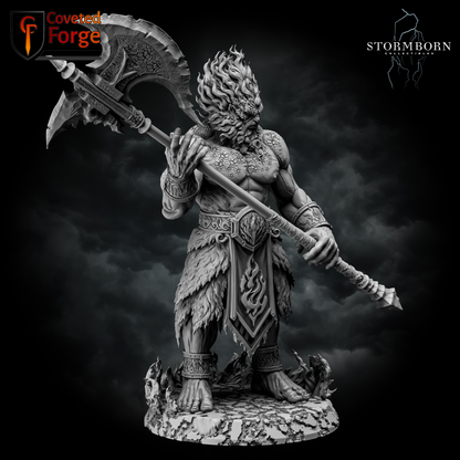 Render of Fire Giant | 63-157mm Fantasy Giant Miniature, DnD Proxy: A flame-maned fire giant with a great-axe, in six print sizes (63-157mm) incl. the original sculpt. 8K resin 3D print, a fire or greater giant proxy for DnD.