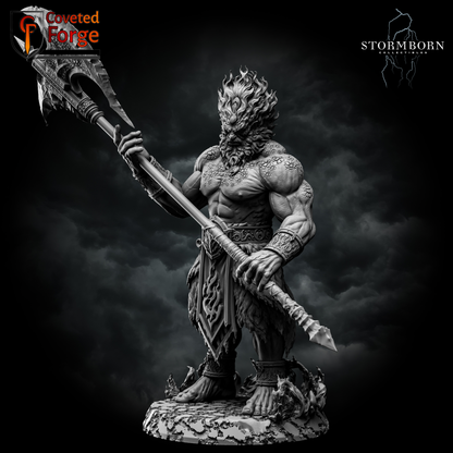 Render of Fire Giant | 63-157mm Fantasy Giant Miniature, DnD Proxy: A flame-maned fire giant with a great-axe, in six print sizes (63-157mm) incl. the original sculpt. 8K resin 3D print, a fire or greater giant proxy for DnD.