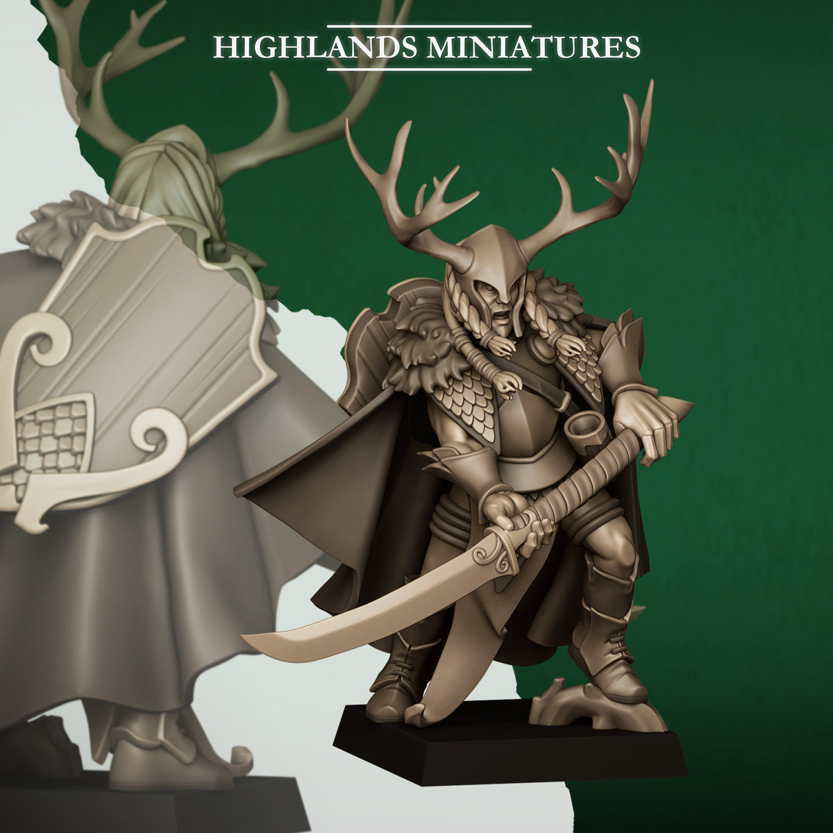 Feral Elf Highborn, wood elf noble hero in an antlered helm with a long-hafted curved spear, 32mm resin miniature by Highlands Miniatures