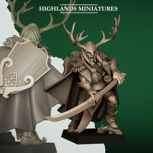 Feral Elf Highborn, wood elf noble hero in an antlered helm with a long-hafted curved spear, 32mm resin miniature by Highlands Miniatures