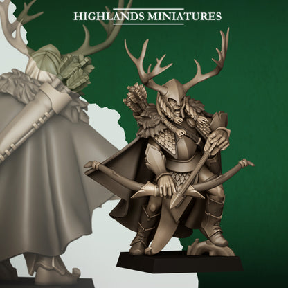 Feral Elf Highborn bow version, wood elf noble hero in an antlered helm with a bow, Highlands Miniatures render