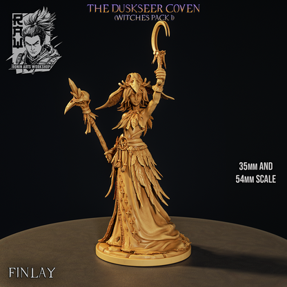 Finlay the Crow Caller, Duskseer Coven witch miniature with crow-feather robes and bird-skull headdress, grey sculpt render by Ronin Arts Workshop.