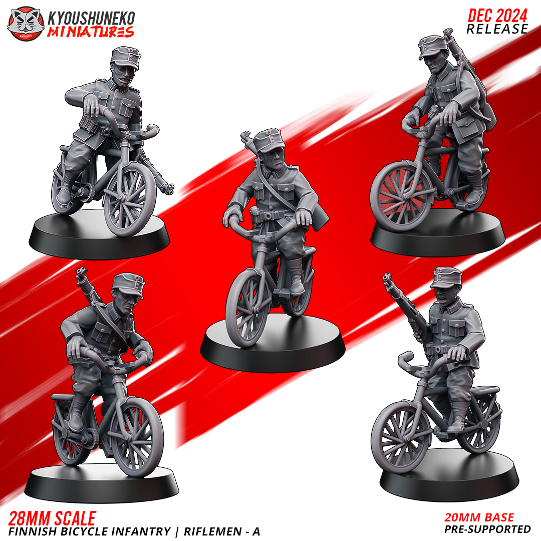 Finnish Bicycle Infantry riflemen, five WW2 Finnish soldiers on bicycles with rifles, 28mm resin miniatures by Kyoushuneko Miniatures.