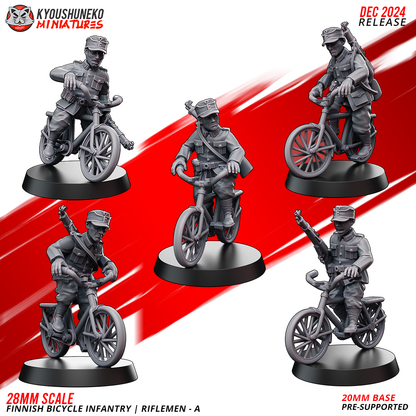 Finnish Bicycle Infantry riflemen, five WW2 Finnish soldiers on bicycles with rifles, 28mm resin miniatures by Kyoushuneko Miniatures.