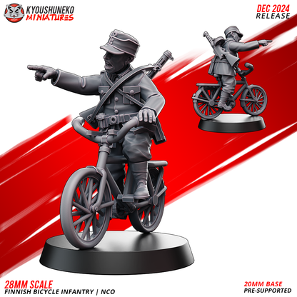 Finnish Bicycle Infantry NCO riding a bicycle and pointing, front and rear view, designer render by Kyoushuneko Miniatures.