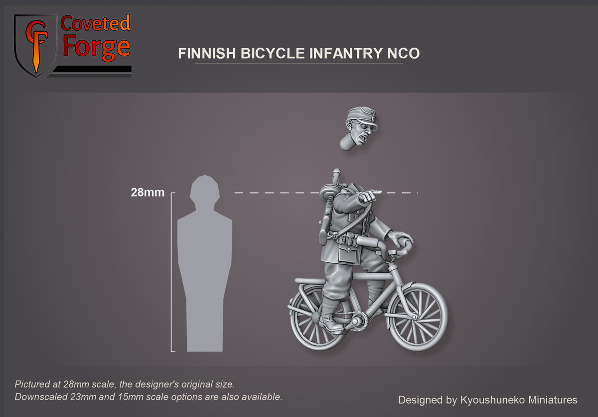 Coveted Forge scale render pictured at 28mm (1/56), the original scale, with 23mm and 15mm downscales also available. The NCO on his bicycle shown beside a 28mm human silhouette, side view. Head floated above the body. Base not shown.