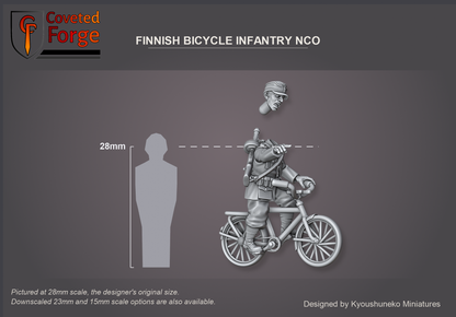 Coveted Forge scale render pictured at 28mm (1/56), the original scale, with 23mm and 15mm downscales also available. The NCO on his bicycle shown beside a 28mm human silhouette, side view. Head floated above the body. Base not shown.