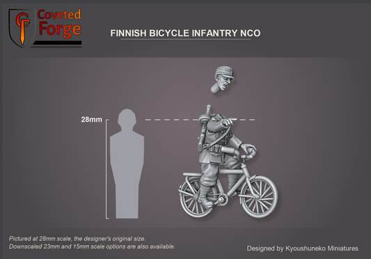 Coveted Forge scale render pictured at 28mm (1/56), the original scale, with 23mm and 15mm downscales also available. The NCO on his bicycle shown beside a 28mm human silhouette, side view. Head floated above the body. Base not shown.