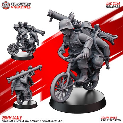 Finnish Bicycle Infantry Panzerschreck Team, two soldiers riding one bicycle with a Panzerschreck rocket launcher, designer render by Kyoushuneko Miniatures.