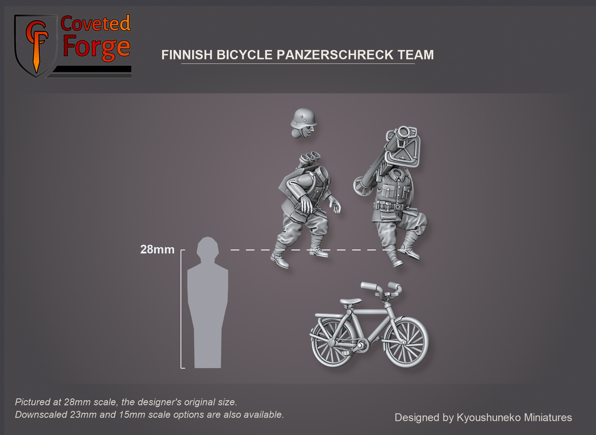 Coveted Forge scale render pictured at 28mm (1/56), the original scale, with 23mm and 15mm downscales also available. The Panzerschreck Team shown beside a 28mm human silhouette, side view: both riders floated above the bicycle, the rear rider's head floated above his body. Base not shown.