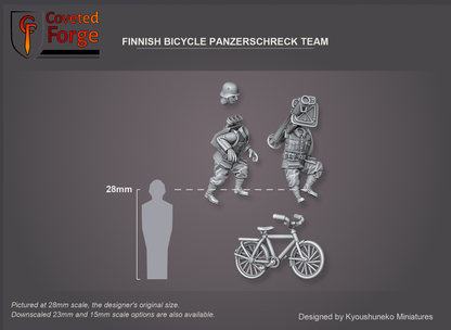 Coveted Forge scale render pictured at 28mm (1/56), the original scale, with 23mm and 15mm downscales also available. The Panzerschreck Team shown beside a 28mm human silhouette, side view: both riders floated above the bicycle, the rear rider's head floated above his body. Base not shown.