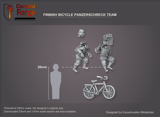 Coveted Forge scale render pictured at 28mm (1/56), the original scale, with 23mm and 15mm downscales also available. The Panzerschreck Team shown beside a 28mm human silhouette, side view: both riders floated above the bicycle, the rear rider's head floated above his body. Base not shown.
