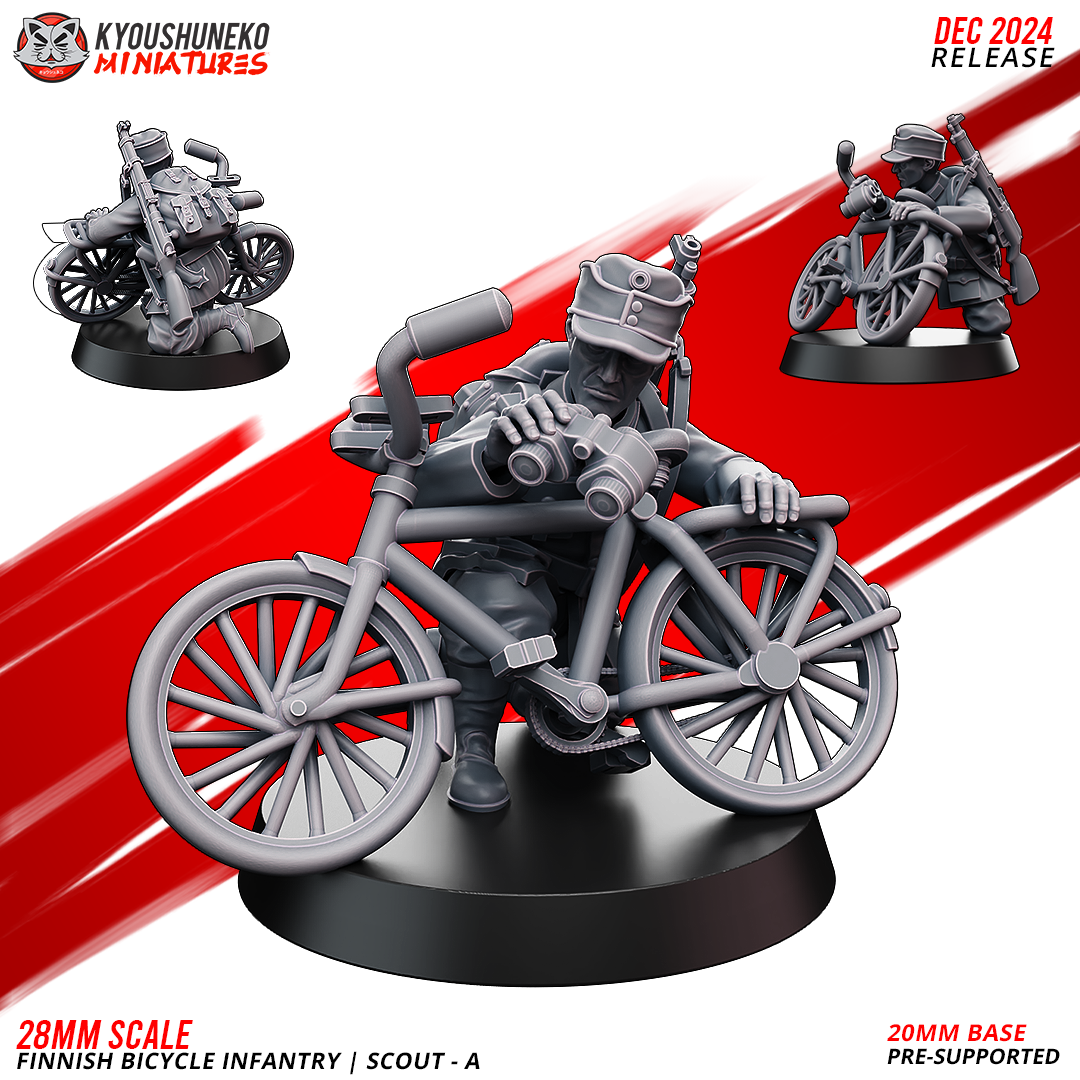 Finnish Bicycle Infantry Scout 1 crouched behind his bicycle with binoculars, designer render by Kyoushuneko Miniatures.