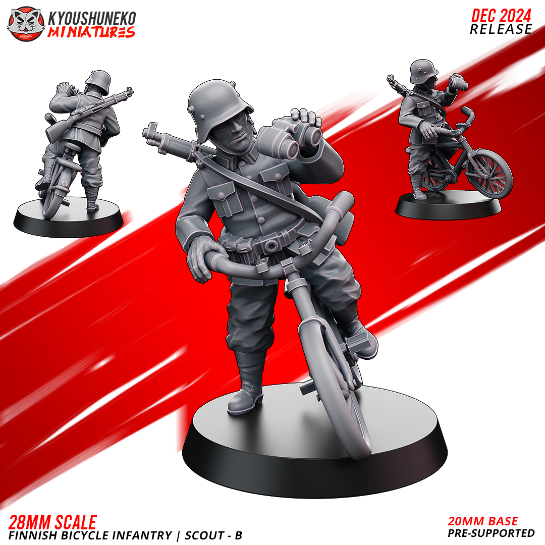 Finnish Bicycle Infantry Scout 2 with binoculars beside his bicycle, designer render by Kyoushuneko Miniatures.