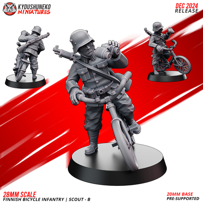 Finnish Bicycle Infantry Scout 2 with binoculars beside his bicycle, designer render by Kyoushuneko Miniatures.
